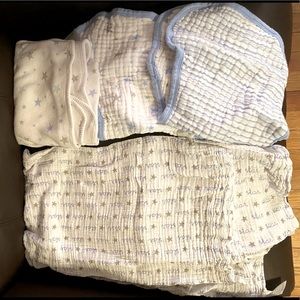 Just Born - Like New -Baby Boy’s Swaddle, Receiving Blanket and 2 Burp Cloth Lot